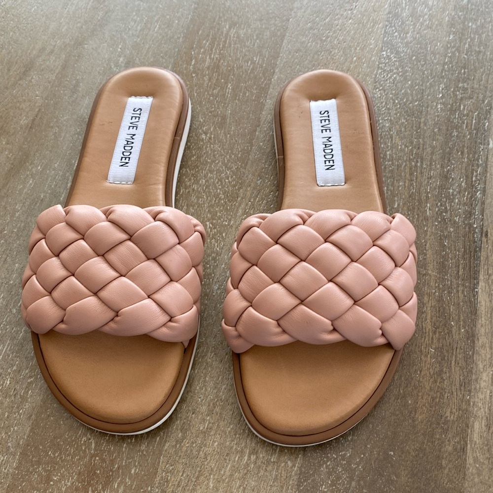 Steve Madden Paislee Flat Slide Sandals 6 Braided Woven Brown Blush Pink